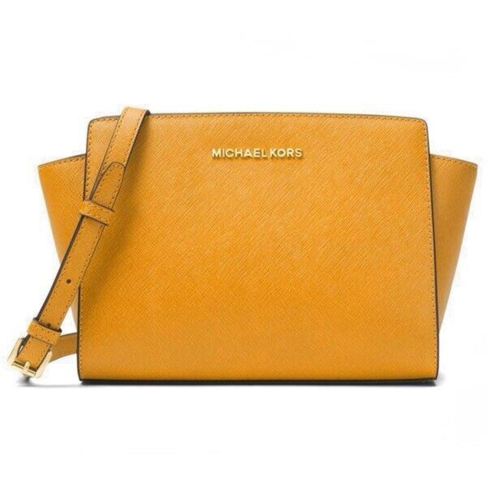 MICHAEL KORS MEDIUM SELMA SAFFIANO LEATHER SATCHEL BAG SUN YELLOW GOLD